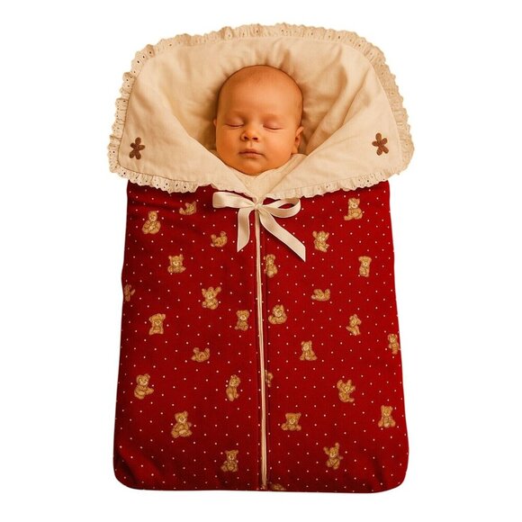 Handmade 80s Baby Bunting Bag 24x16 Red Teddy Print Baby Shower Gift Photo Prop - Picture 2 of 8